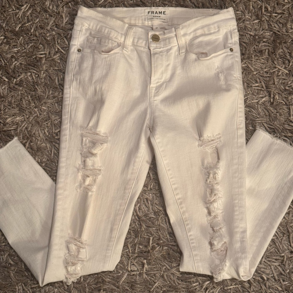 Frame Denim Women's Ivory Distressed Skinny Jeans